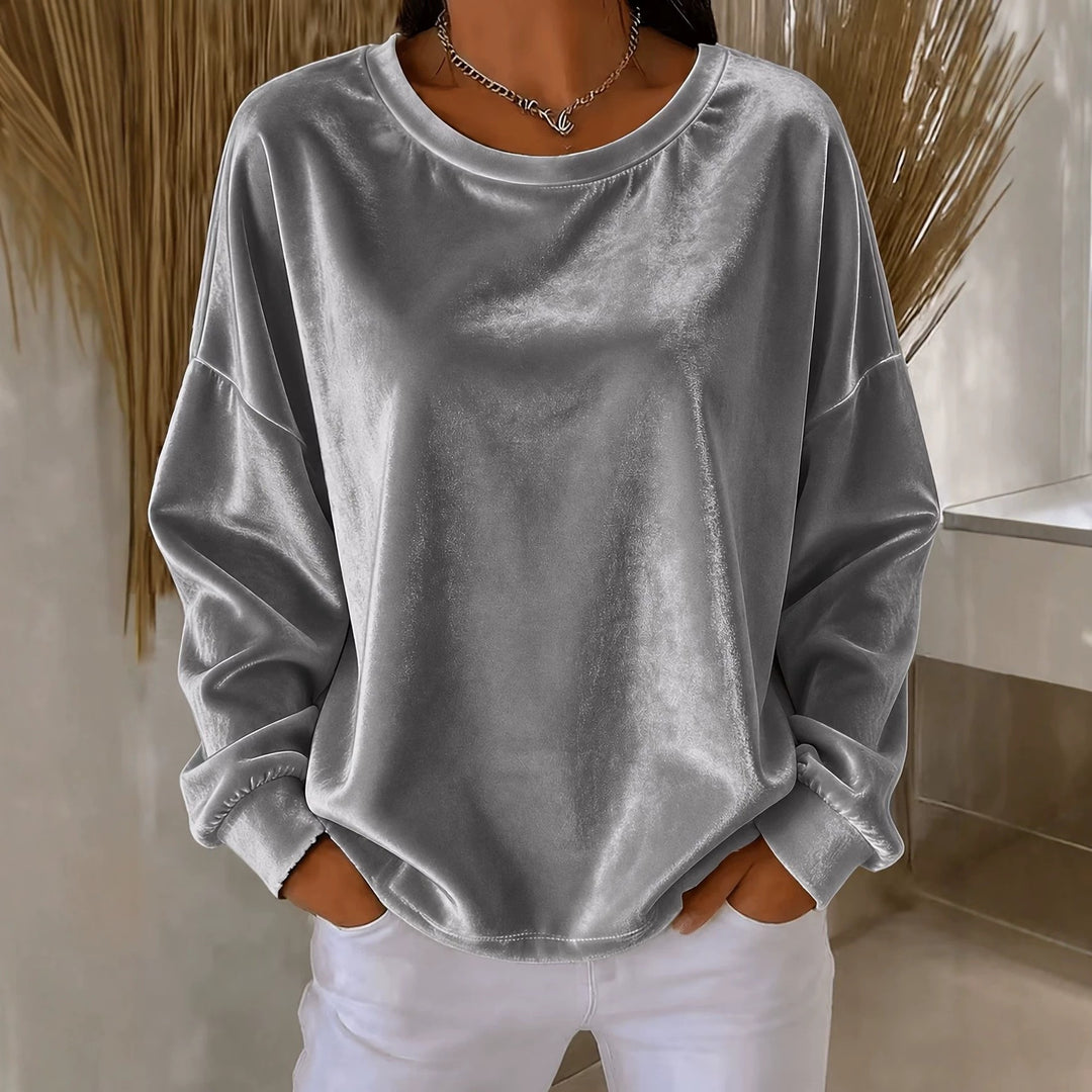 Damen Oversize Samt-Sweatshirt mit Rundhalsausschnitt, überschnittener Schulter und elastischen Bündchen Nord Taschen
