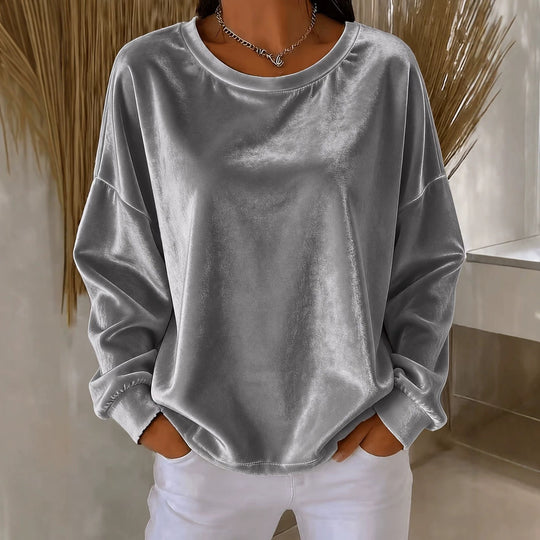Damen Oversize Samt-Sweatshirt mit Rundhalsausschnitt, überschnittener Schulter und elastischen Bündchen Nord Taschen