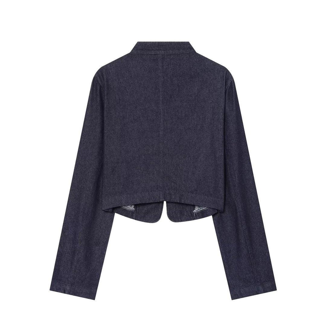 Damen Cropped Denim Militärjacke mit Stehkragen und dekorativer Zierknopfleiste Nord Taschen