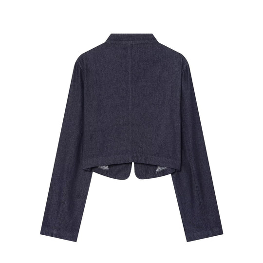 Damen Cropped Denim Militärjacke mit Stehkragen und dekorativer Zierknopfleiste Nord Taschen