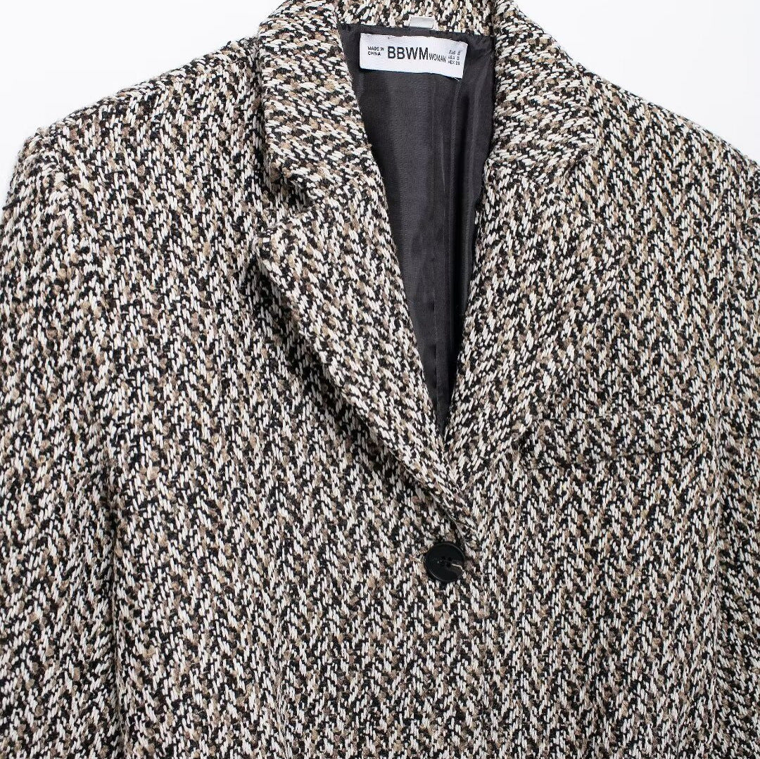 Damen Midilanger Bouclé-Tweed-Blazerjacke mit Lederimitat‑Gürtel Nord Taschen