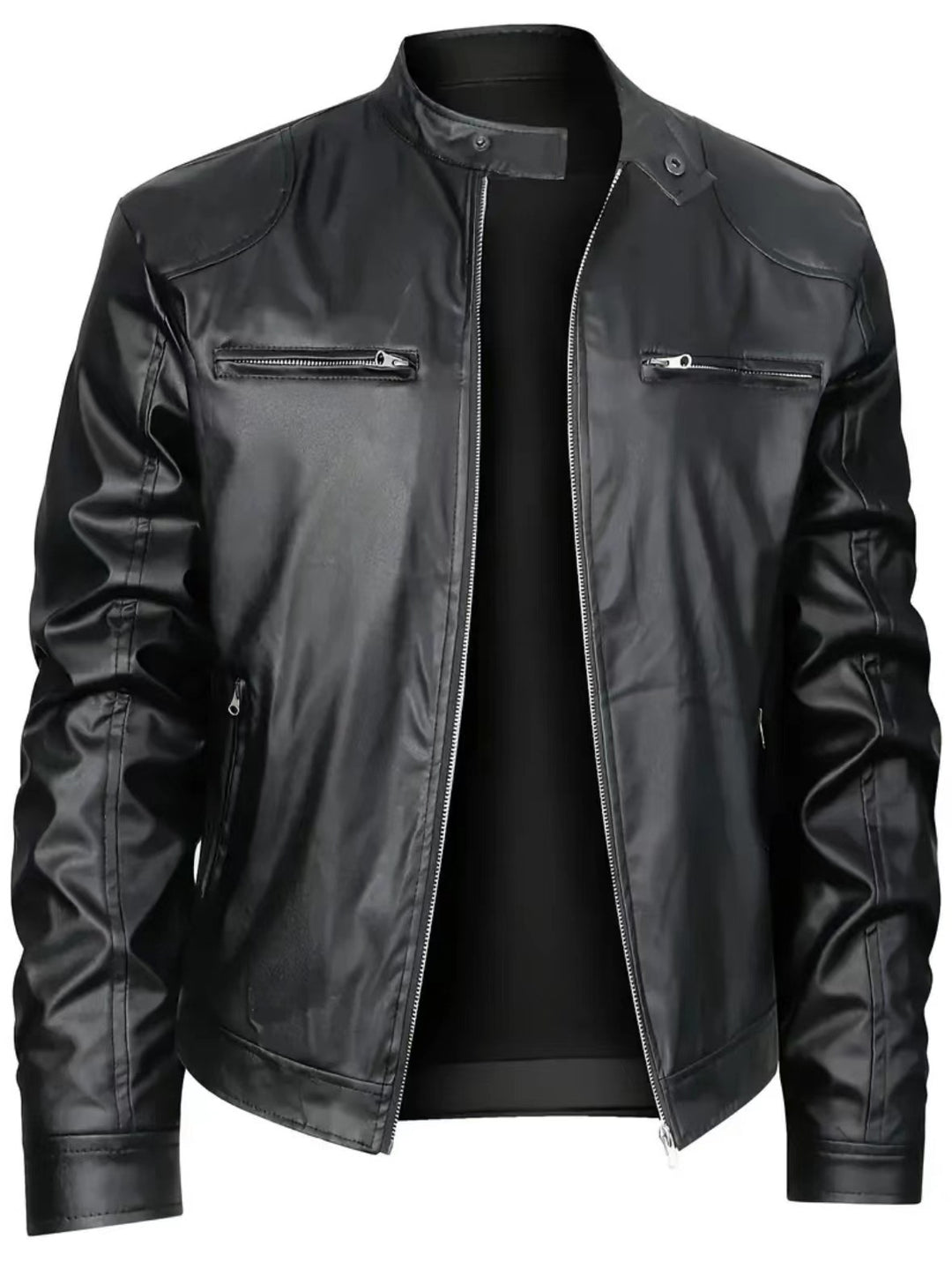 Herren schlanke Kunstleder-Bikerjacke mit Stehkragen, durchgehendem Reißverschluss und zwei Brusttaschen Nord Taschen