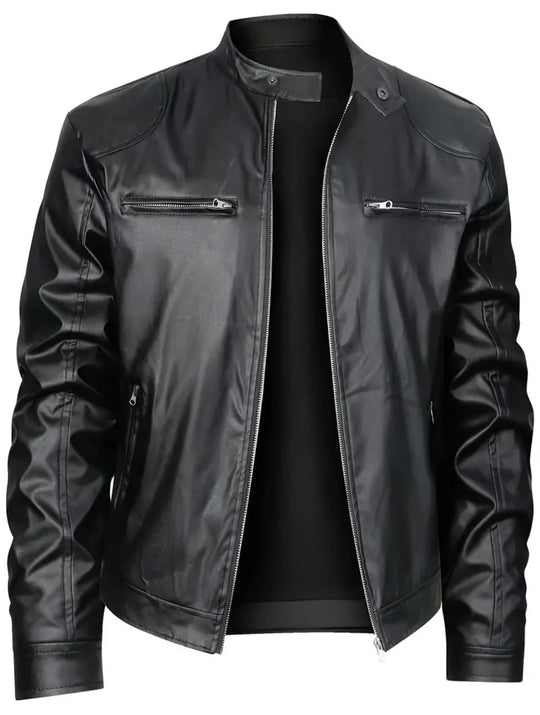 Herren schlanke Kunstleder-Bikerjacke mit Stehkragen, durchgehendem Reißverschluss und zwei Brusttaschen Nord Taschen