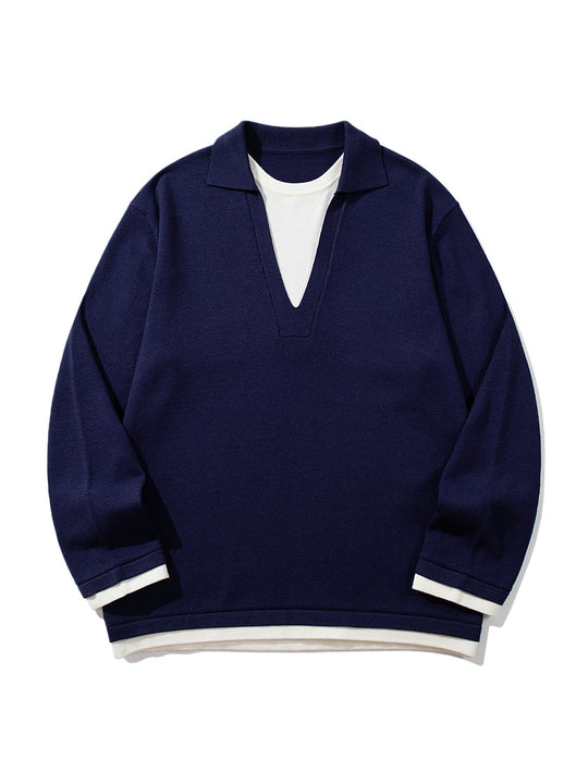 Unisex Lässiger Oversize Strickpullover mit tiefem V Einsatz und Hemd‑Layer Optik Nord Taschen