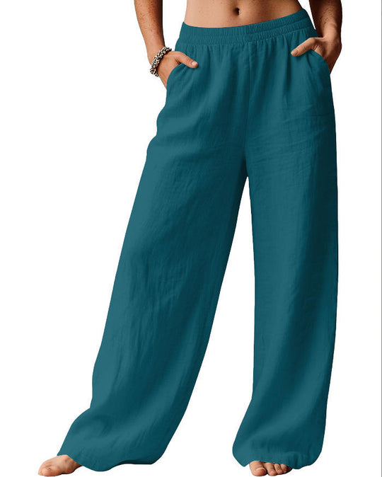 Damen Weite Leinenhose mit elastischem Bund und seitlichen Eingrifftaschen Nord Taschen