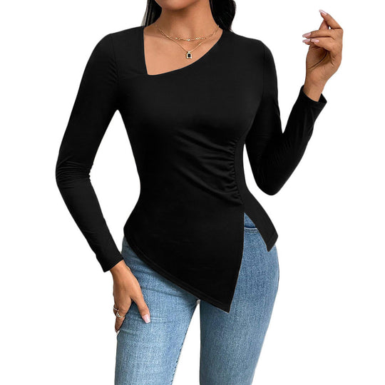 Damen asymmetrisches Langarm-Shirt mit diagonalem Cut-Out, taillierter Seitenraffung und spitz zulaufendem Zipfel-Saum Nord Taschen