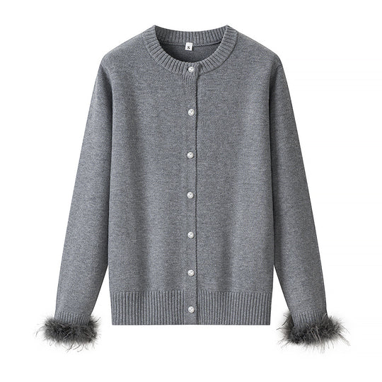 Damen Perlenknopf-Cardigan mit Kunstfeder-Bündchen Nord Taschen