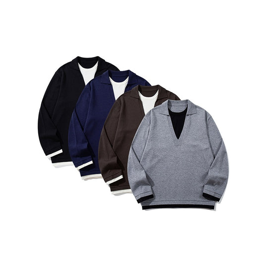 Unisex Lässiger Oversize Strickpullover mit tiefem V Einsatz und Hemd‑Layer Optik Nord Taschen