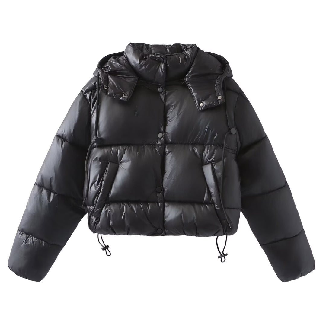 Damen Glänzende Cropped Pufferjacke mit Kordelzug und Druckknopfblende Nord Taschen