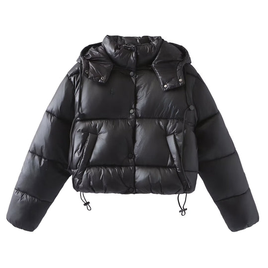 Damen Glänzende Cropped Pufferjacke mit Kordelzug und Druckknopfblende Nord Taschen