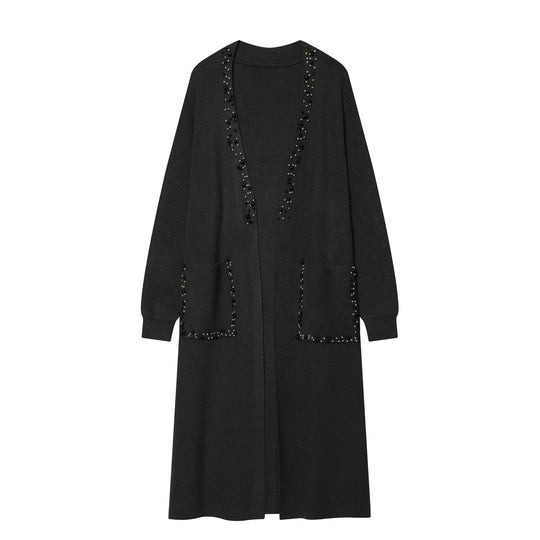 Damen langer Strickcardigan mit Perlenverzierung und aufgesetzten Taschen Nord Taschen