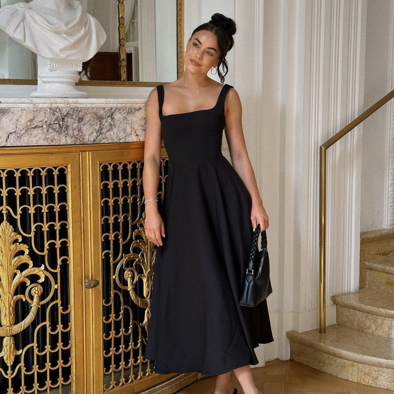 Damen Elegantes Maxikleid mit quadratischem Ausschnitt und fließendem Rock