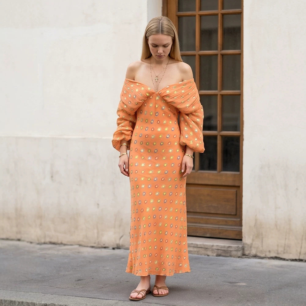 Damen Elegantes Off-Shoulder Maxikleid mit gedrehtem Vorderteil und Ballonärmeln Nord Taschen
