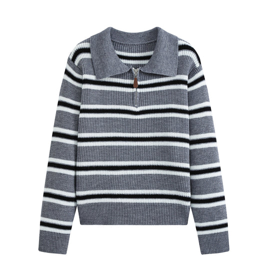 Damen Gestreifter Strickpullover mit Polokragen und Halbreißverschluss Nord Taschen