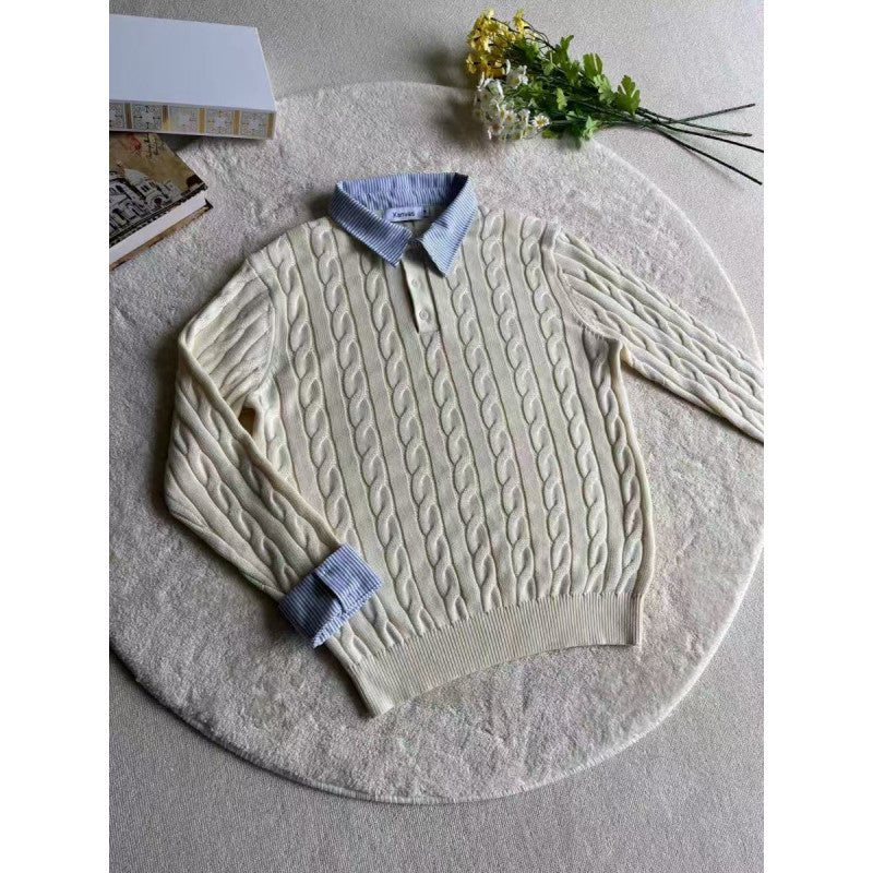 Damen gestrickter Polo-Pullover mit Zopfmuster und eingesetztem Hemdkragen Nord Taschen