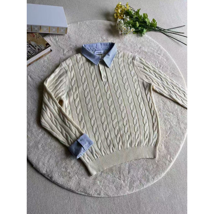 Damen gestrickter Polo-Pullover mit Zopfmuster und eingesetztem Hemdkragen Nord Taschen