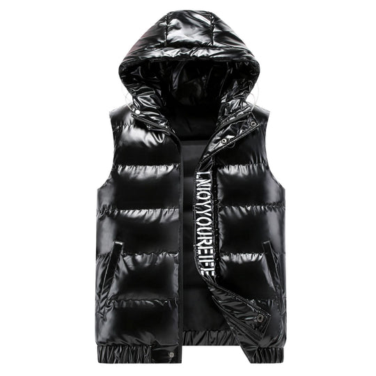 Damen Ärmelose hochglänzende Steppweste mit Kapuze und Thermoisolierung Nord Taschen