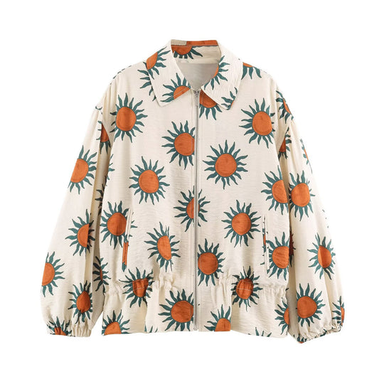Damen Leichte bedruckte Blousonjacke mit Sonnendesign, Tunnelzugtaillierung und Reißverschluss Nord Taschen