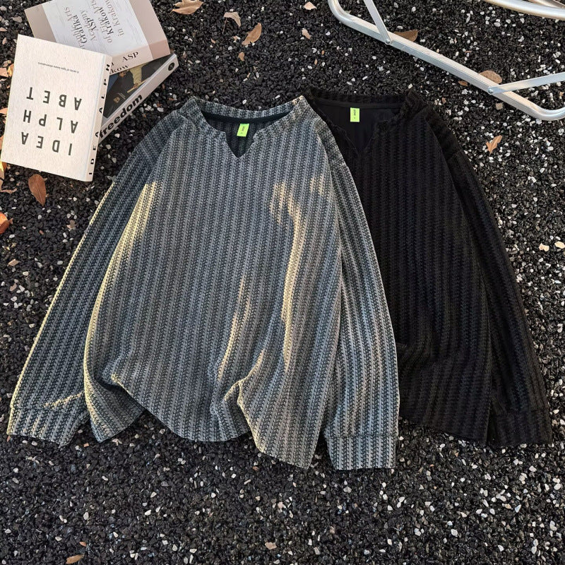 Damen Feinstrick-Pullover mit feiner Waffelstruktur, V-Notch-Ausschnitt und legerer Oversize-Passform Nord Taschen