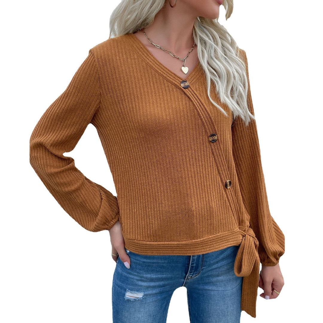 Damen Gerippte Wickel-Strickjacke mit V‑Ausschnitt, asymmetrischer Knopfleiste und Taillenband Nord Taschen