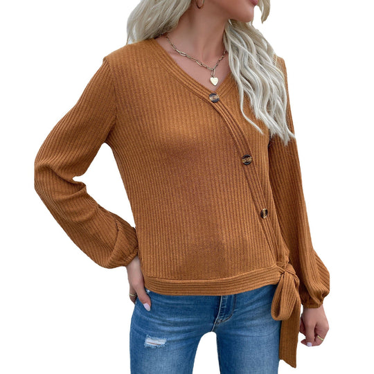 Damen Gerippte Wickel-Strickjacke mit V‑Ausschnitt, asymmetrischer Knopfleiste und Taillenband Nord Taschen
