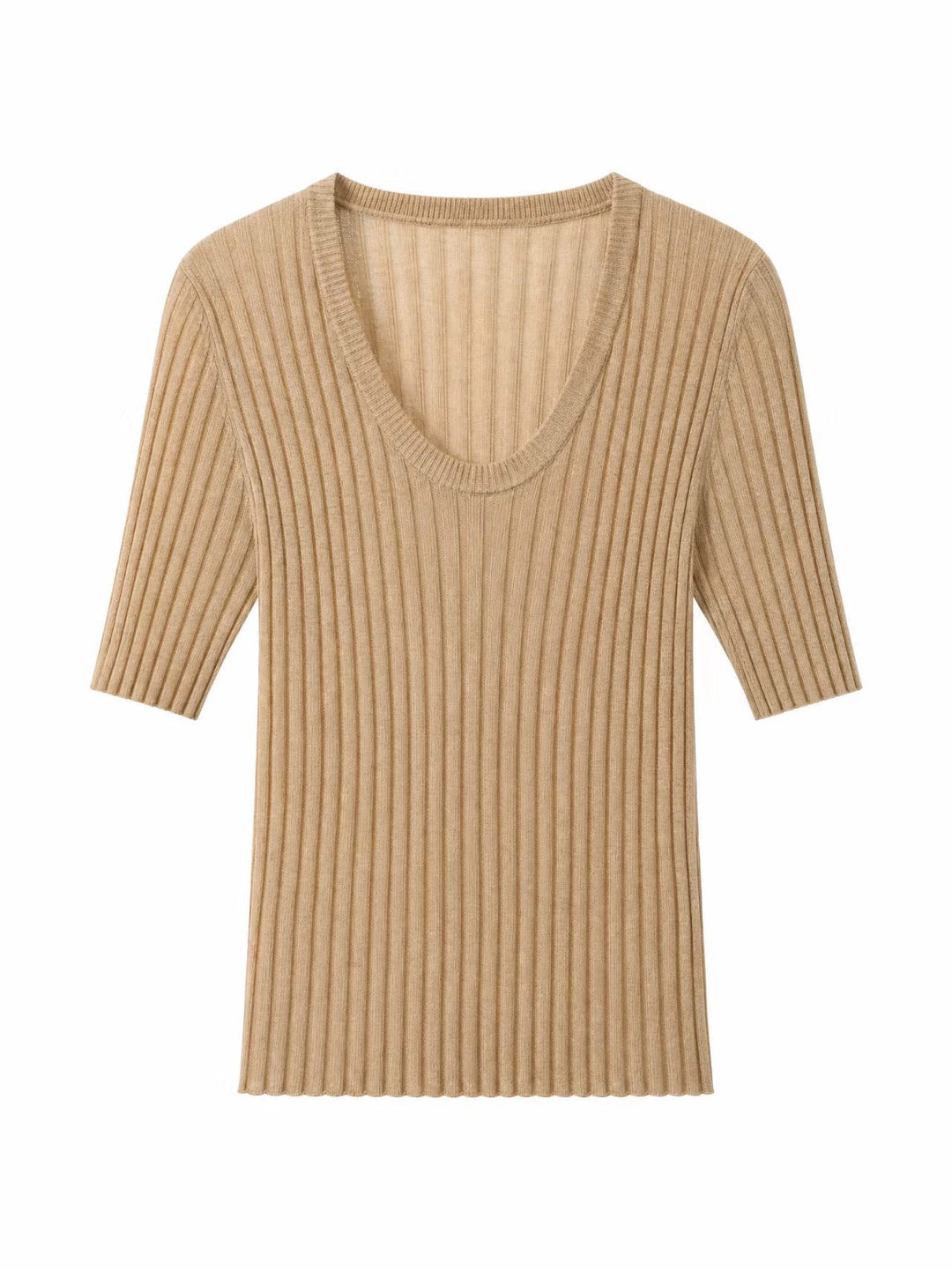 Damen Geripptes Feinstrickshirt mit tiefem U-Ausschnitt und halblangen Ärmeln Nord Taschen