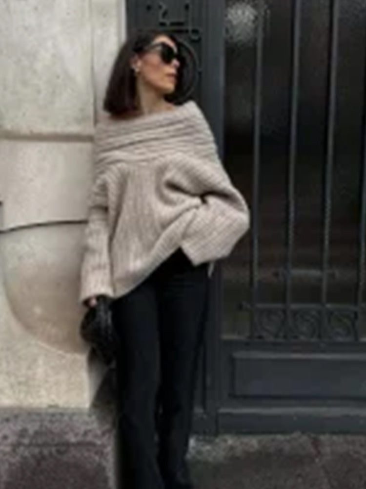 Damen Oversized Grobstrick-Pullover mit Kapuze, tiefem Schulterfall und strukturierter Rippoptik Nord Taschen