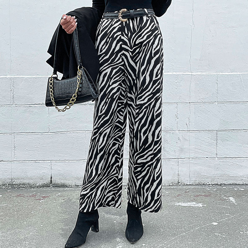 Damen Weite Palazzo-Hose mit Animal-Zebra-Muster, hohem Bund und Gürtelschlaufen Nord Taschen