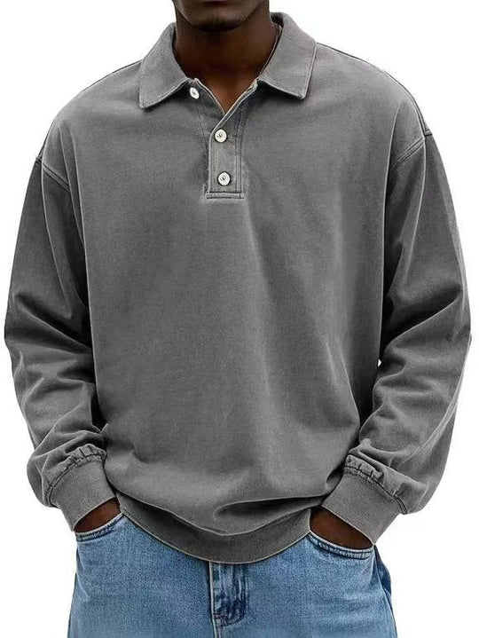 Herren nan lässiges Poloshirt-Sweatshirt mit Kragen, Vintage-Waschung und dreiteiliger Knopfleiste