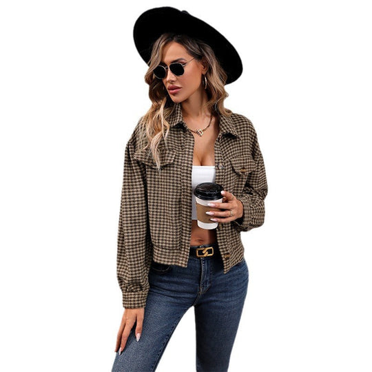 Damen Kurze Oversize‑Shacket mit Hahnentritt‑Muster, Brusttaschen & Knopfleiste Nord Taschen