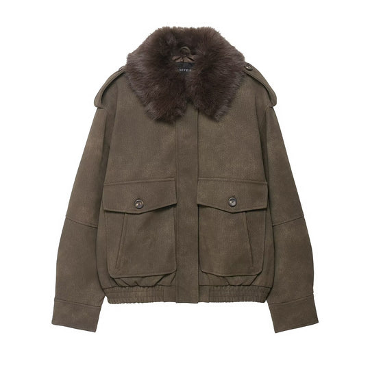 Damen Kurzjacke in Velourslederoptik mit abnehmbarem Fellkragen und Pattentaschen Nord Taschen