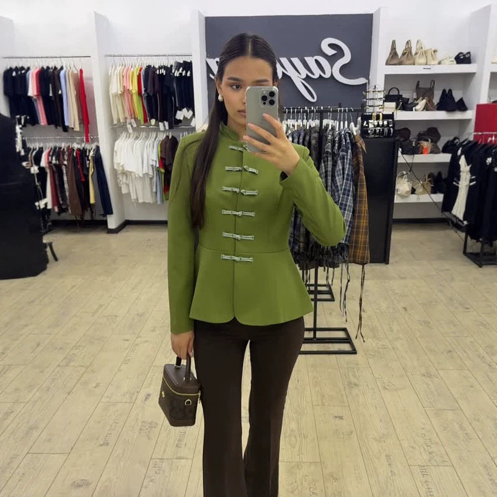 Damen Taillierte Militärinspirierte Jacke mit Stehkragen, Kordelverschlüssen und Schößchen Nord Taschen