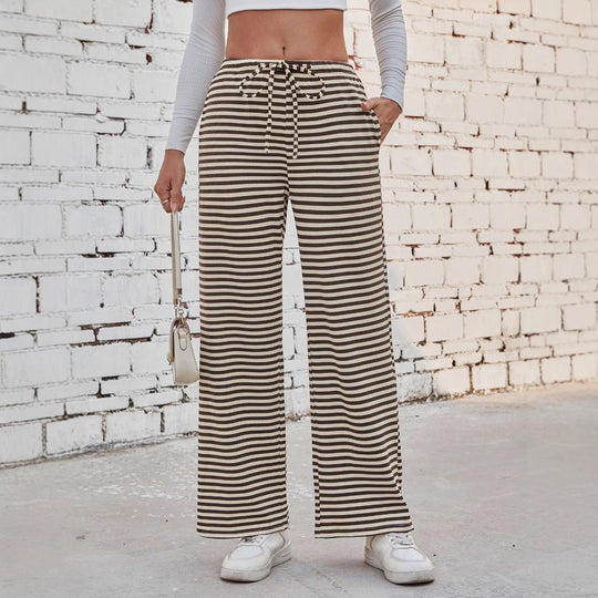 Damen weite Streifenhose mit elastischem Bund und Kordelzug