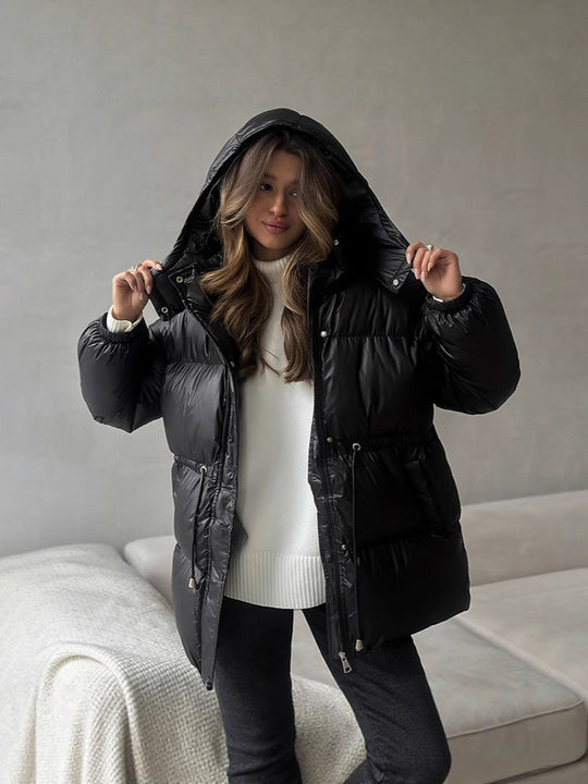 Damen Steppdaunenjacke mit tailliertem Kordelzug und Kapuze Nord Taschen