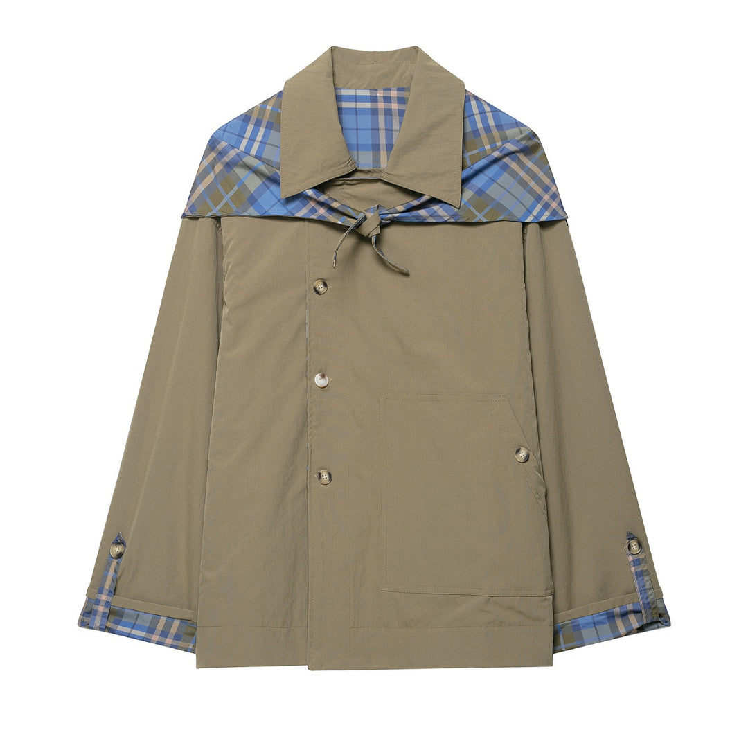 Damen 100+ kurzer Cape‑Trench mit karierter Innenverarbeitung und Knotenverschluss Nord Taschen