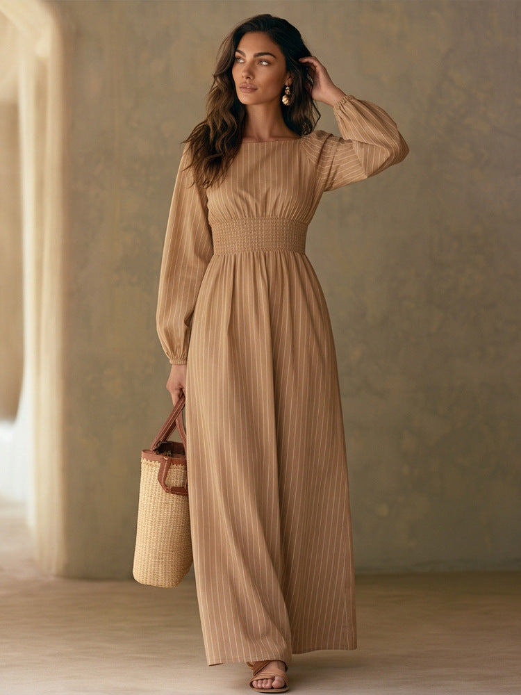 Damen Maxikleid mit Smok-Taillenband, Quadrat-Ausschnitt und langen Ballonärmeln Nord Taschen