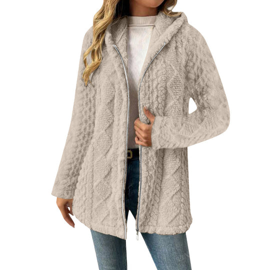 Damen Kapuzen-Sherpajacke mit Zopfmuster, mittellang und Zwei-Wege-Reißverschluss Nord Taschen