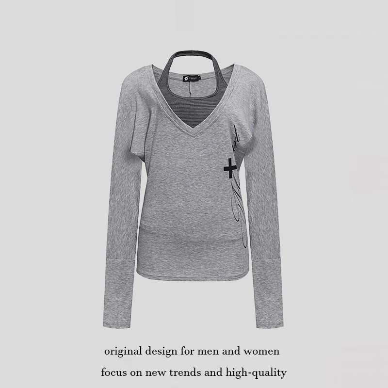 Damen Lagen-Langarmshirt mit tiefem V-Ausschnitt, Neckholder-Innenlayer und seitlichem Script-Print Nord Taschen