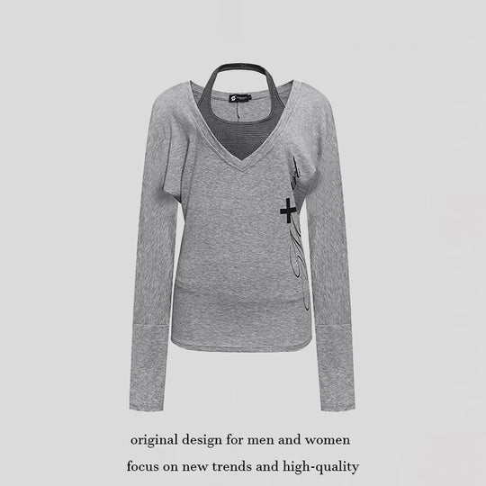 Damen Lagen-Langarmshirt mit tiefem V-Ausschnitt, Neckholder-Innenlayer und seitlichem Script-Print Nord Taschen