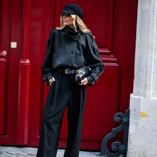 Damen Kurz‑Cape‑Trenchcoat aus veganer Lederoptik mit hohem Stehkragen und Schnallenärmeln Nord Taschen