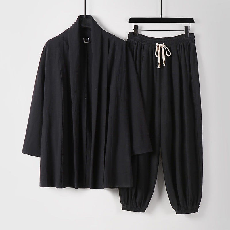 Unisex Entspanntes Kimono-Zweiteiler aus Baumwollmusselin mit Schalkragenjacke und geraffter Knöchelhose Nord Taschen