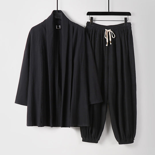 Unisex Entspanntes Kimono-Zweiteiler aus Baumwollmusselin mit Schalkragenjacke und geraffter Knöchelhose Nord Taschen