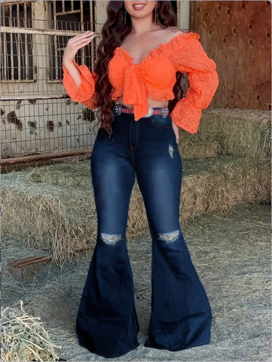 Damen Hochtaillierte Schlaghose-Jeans mit ausgestelltem Bein, Knie-Rissen und figurformendem Stretchbund Nord Taschen