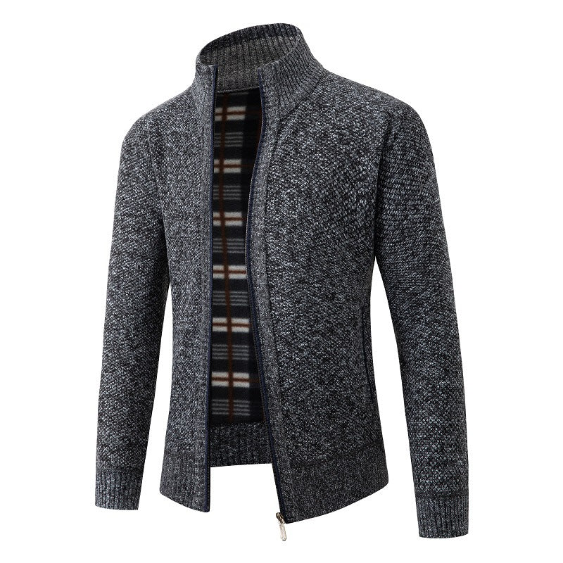 Herren Strukturiertes Zip-Strickjacke mit Karo‑Fleece‑Futter und Stehkragen Nord Taschen