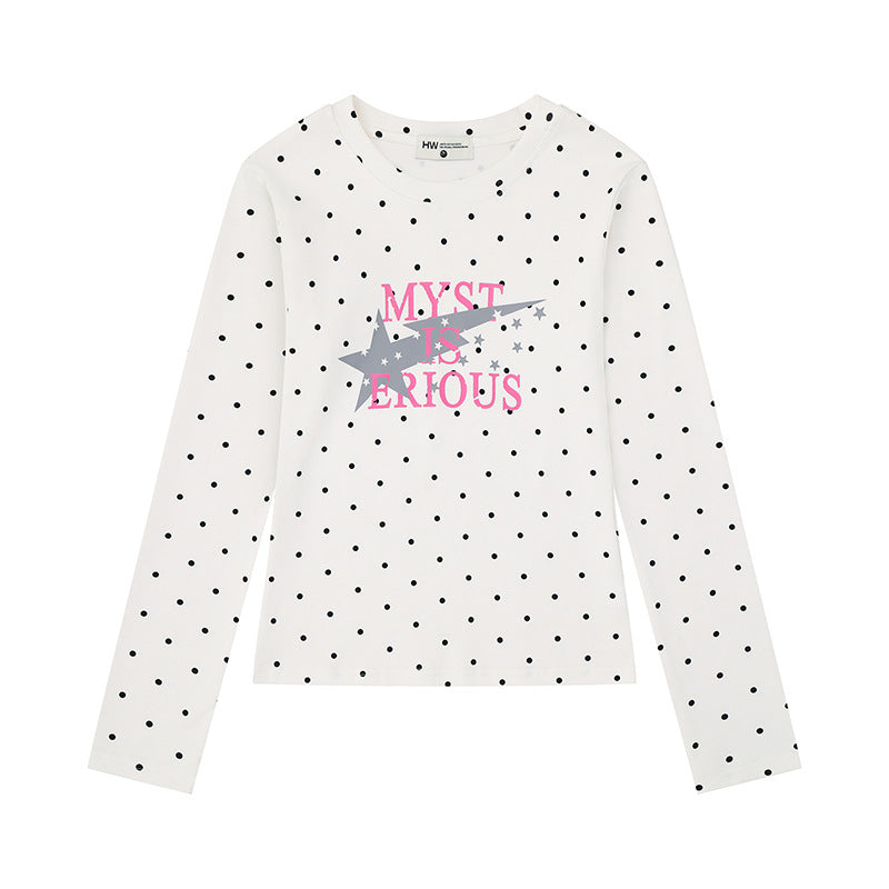Damen Langarmshirt mit V-Ausschnitt, Polka-Dots und Statement-Print aus Baumwolljersey Nord Taschen