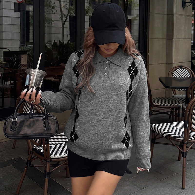 Damen Eleganter Strickpullover mit Polo-Kragen und Rautenmuster Nord Taschen