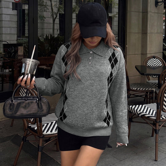Damen Eleganter Strickpullover mit Polo-Kragen und Rautenmuster Nord Taschen