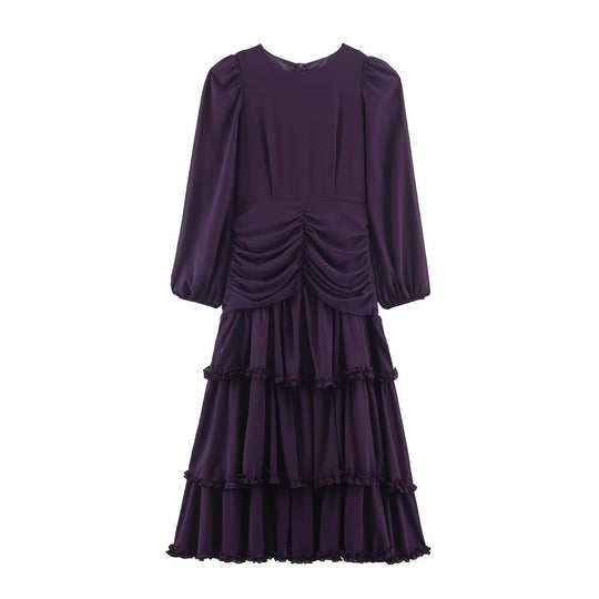 Damen Stufenvolant-Maxikleid mit Raffung in der Taille und Puffärmeln Nord Taschen