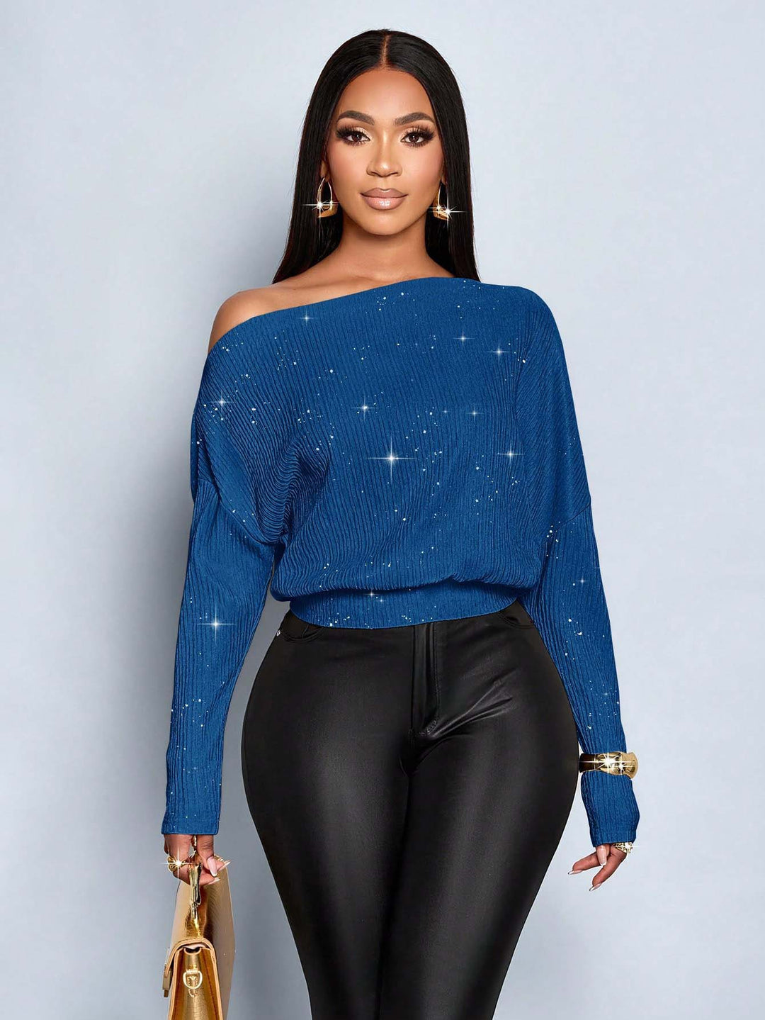 Damen Überschnittener Rippstrick-Pullover mit One-Shoulder und tailliertem Bündchen Nord Taschen