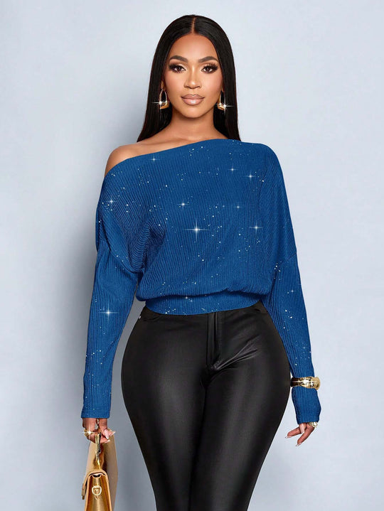 Damen Überschnittener Rippstrick-Pullover mit One-Shoulder und tailliertem Bündchen Nord Taschen